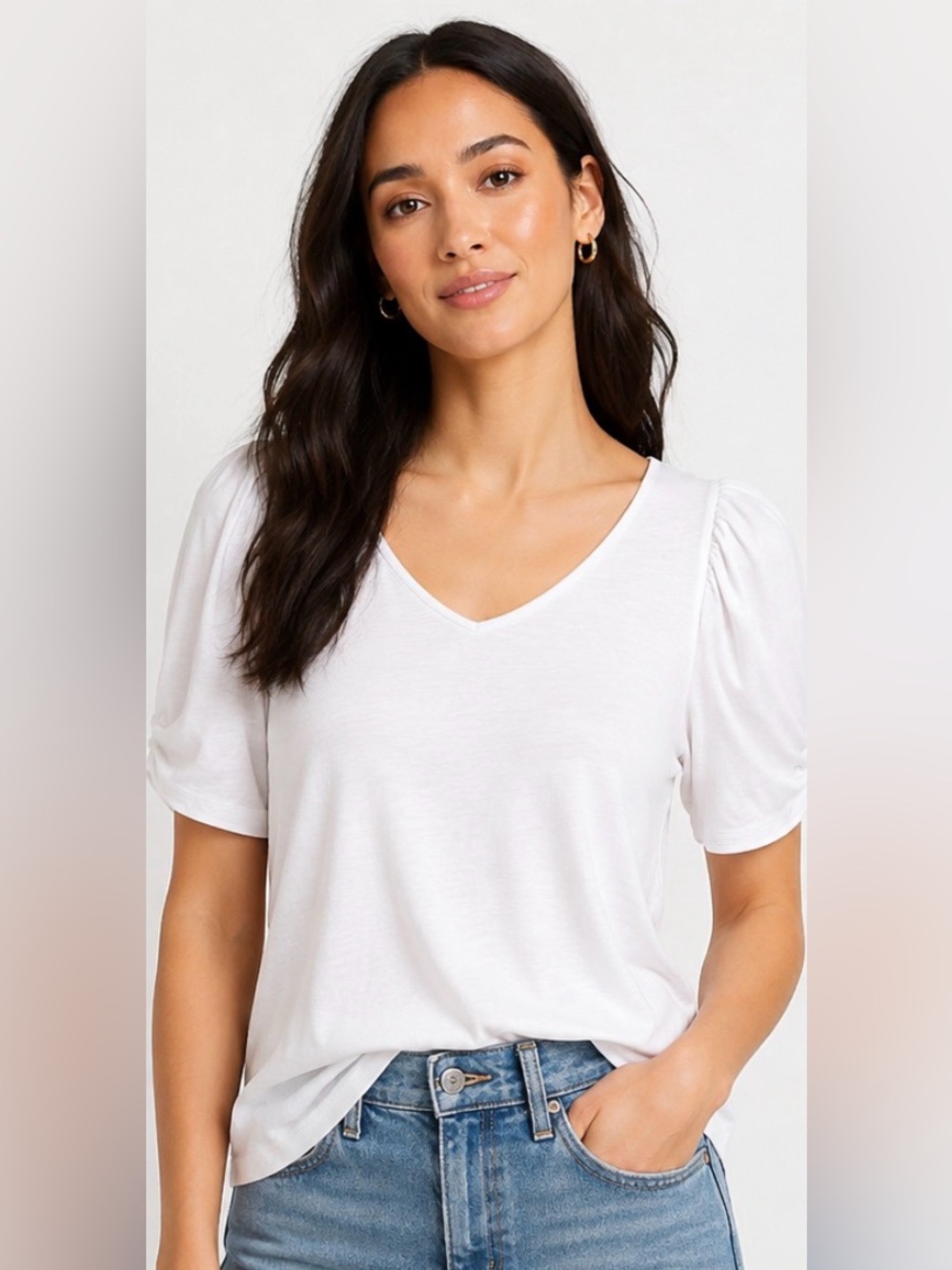 NWT Nordstrom White V-Neck Short Sleeve Top with Puff Shoulders Size Small